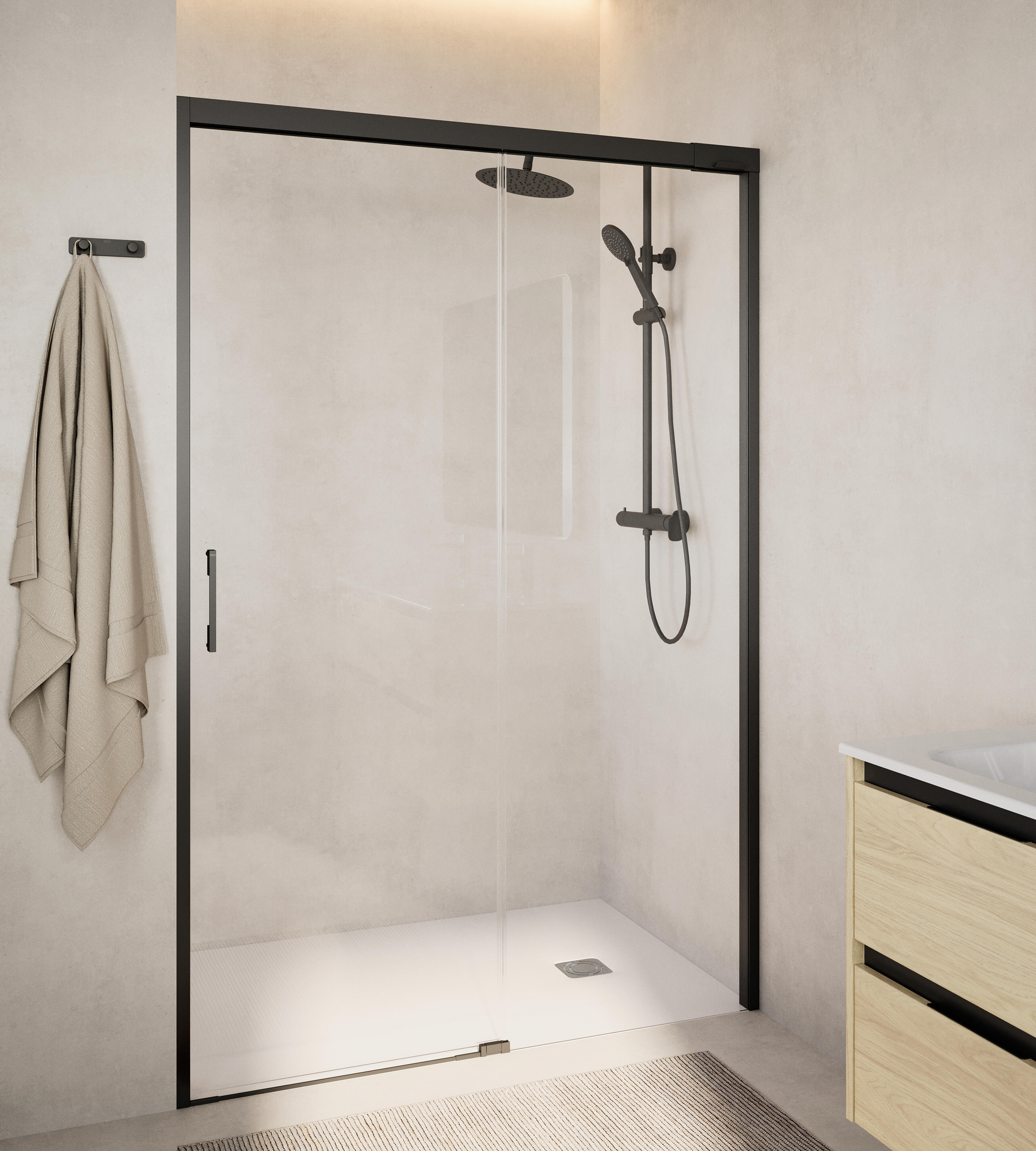 Mampara de ducha frontal 1 fijo + 1 puerta corredera transparente apolo perfil aluminio negro (122.1-132)x200 cm cristal 6mm cierre magnético sin guía inferior marca roca
