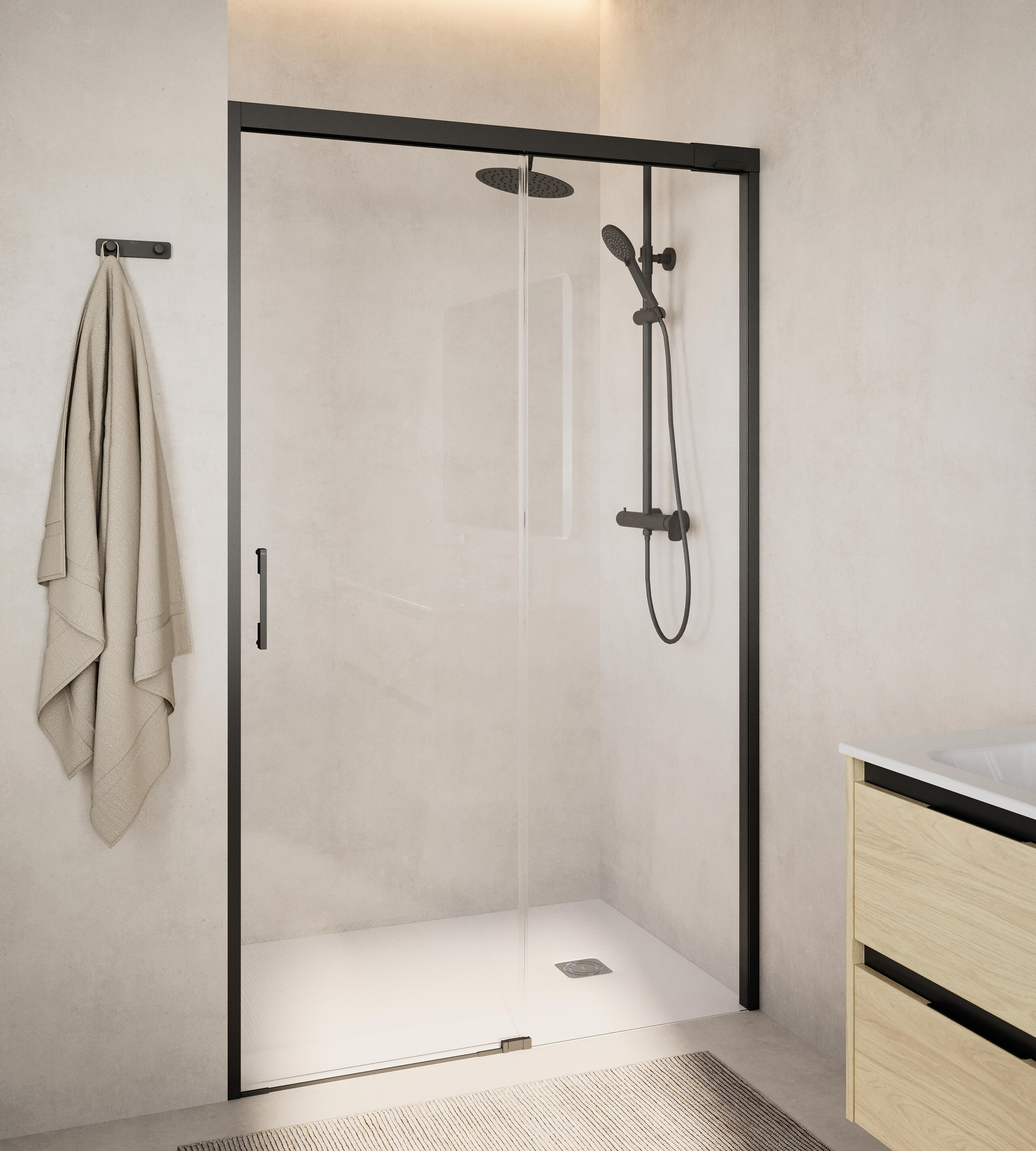 Mampara de ducha frontal 1 fijo + 1 puerta corredera transparente apolo perfil aluminio negro (112.1-122)x200 cm cristal 6mm cierre magnético sin guía inferior marca roca