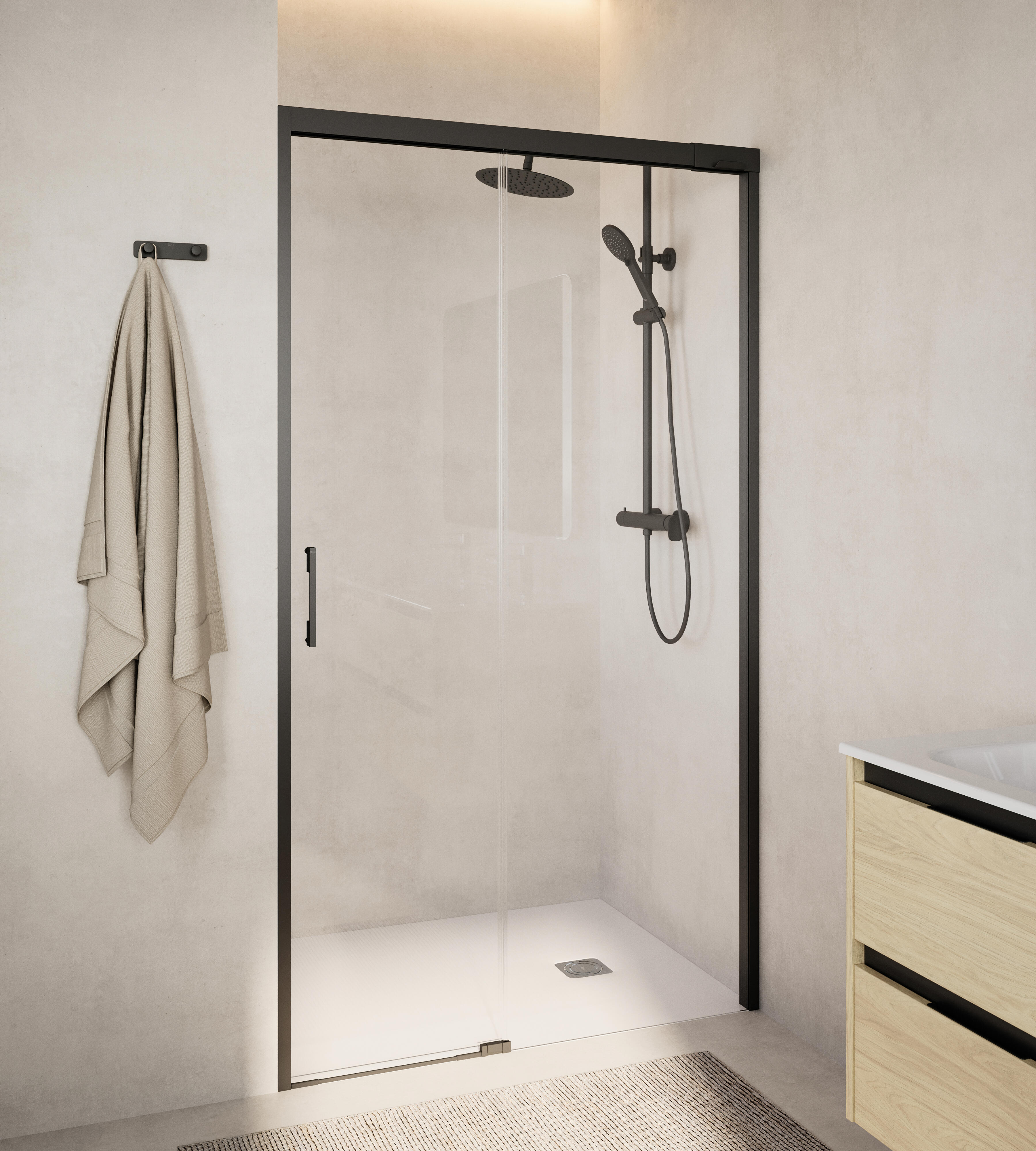 Mampara de ducha frontal 1 fijo + 1 puerta corredera transparente apolo perfil aluminio negro (102.1-112)x200 cm cristal 6mm cierre magnético sin guía inferior marca roca