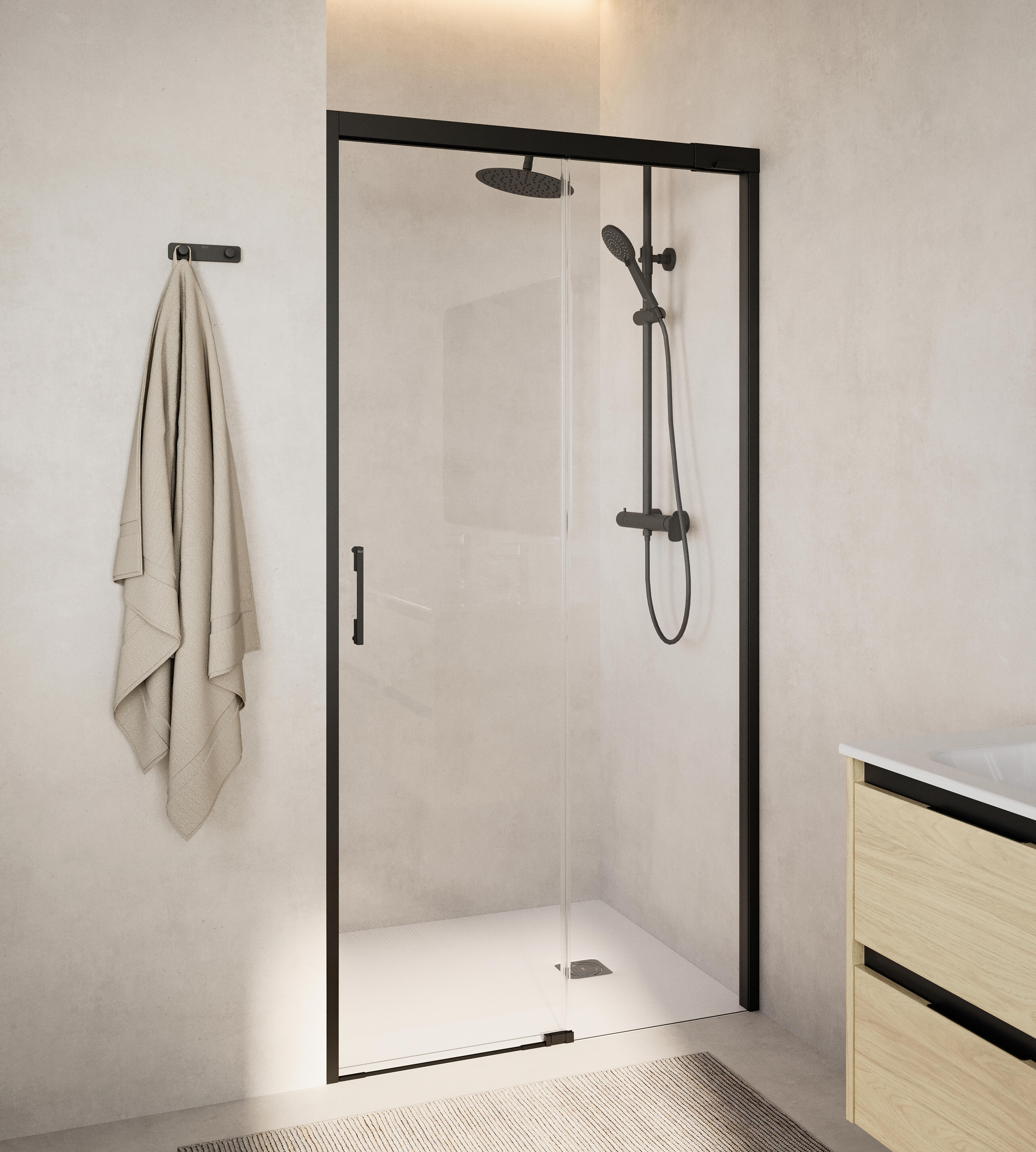 Mampara de ducha frontal 1 fijo + 1 puerta corredera transparente apolo perfil aluminio negro (97-102)x200 cm cristal 6mm cierre magnético sin guía inferior marca roca
