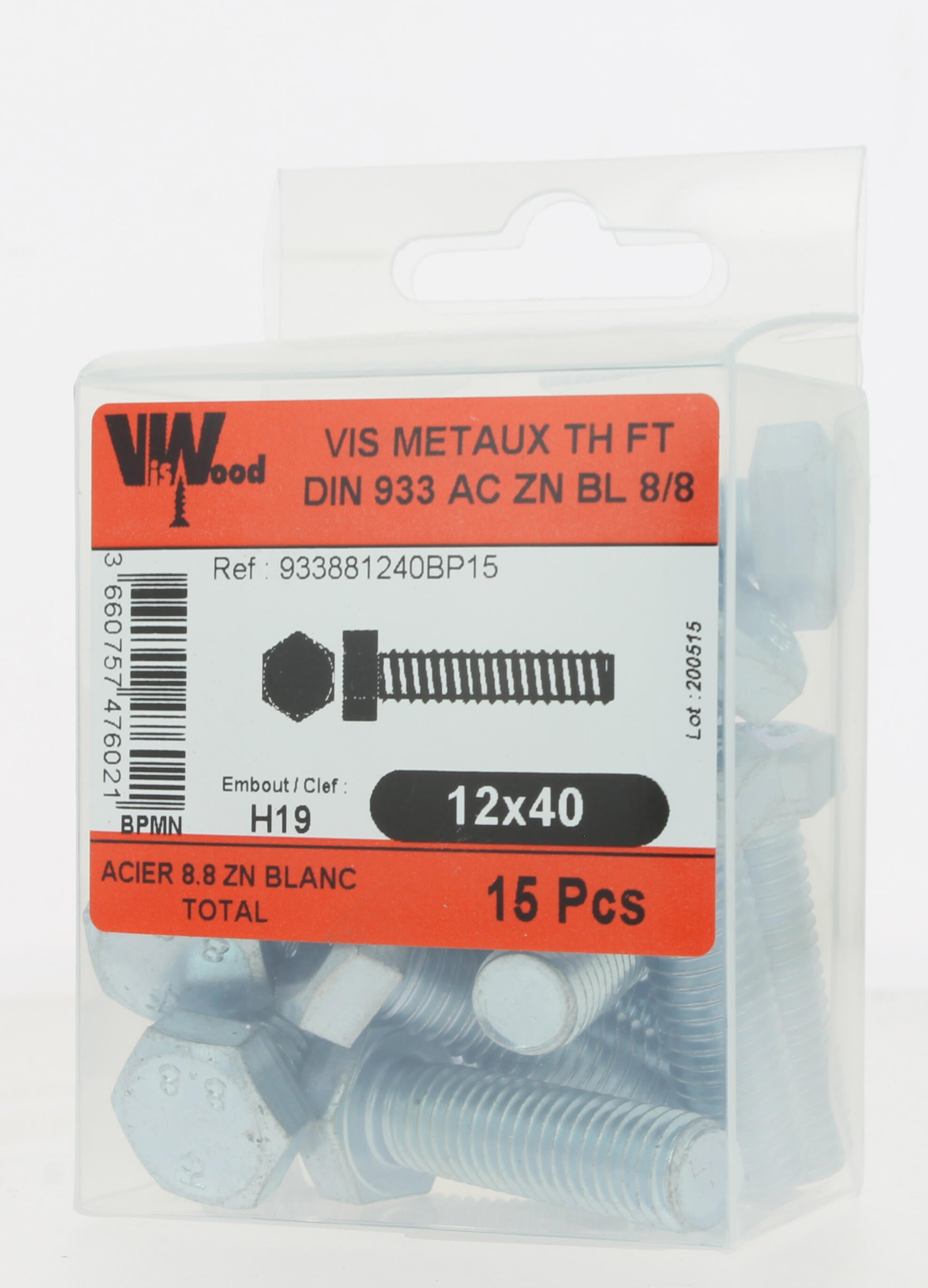 Vis métal Diam.12 mm tête hexagonale Boîte de 15 - VISWOOD - 3