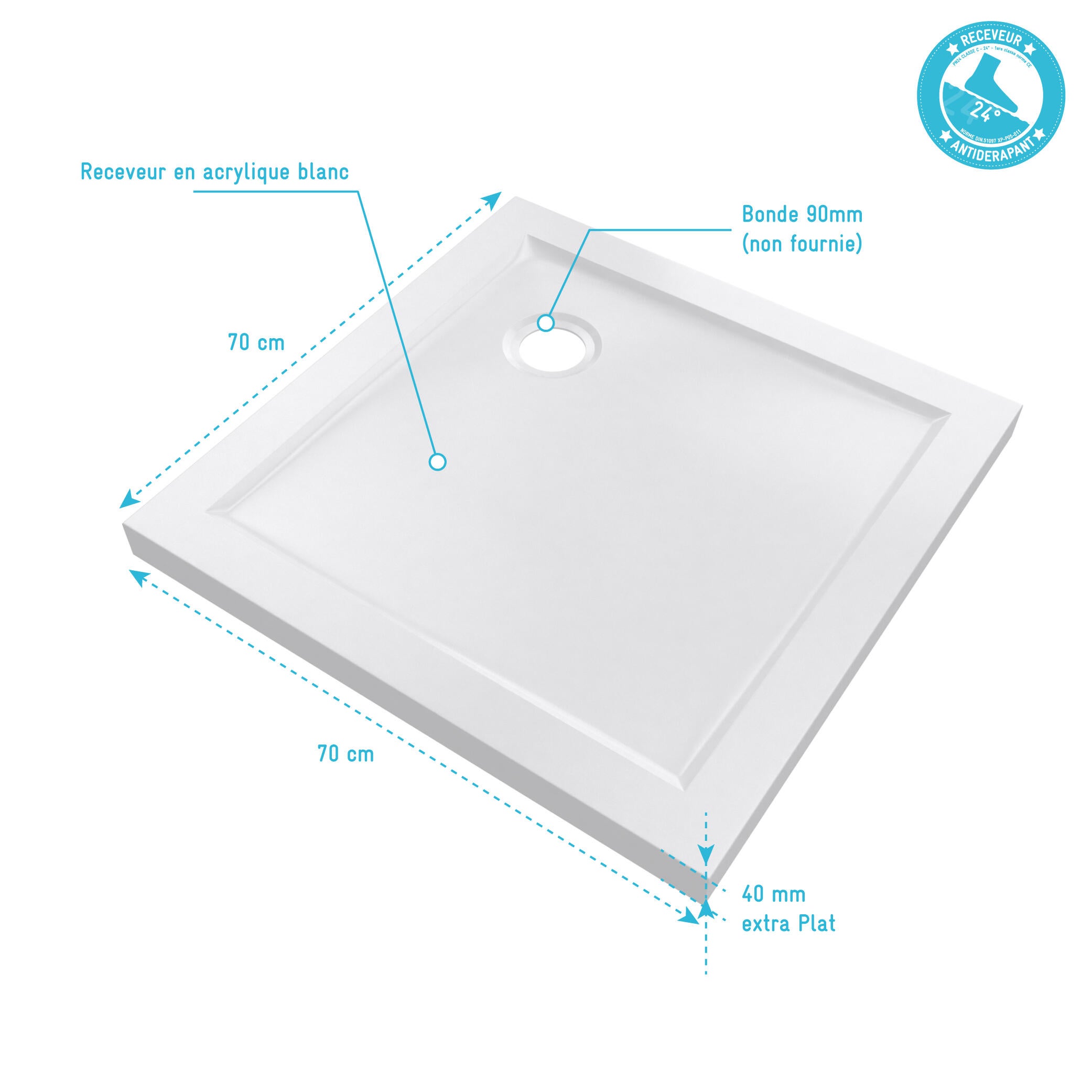 Receveur de douche L.70 x l.70 cm Ep.4 cm acrylique blanc - AURLANE - 2