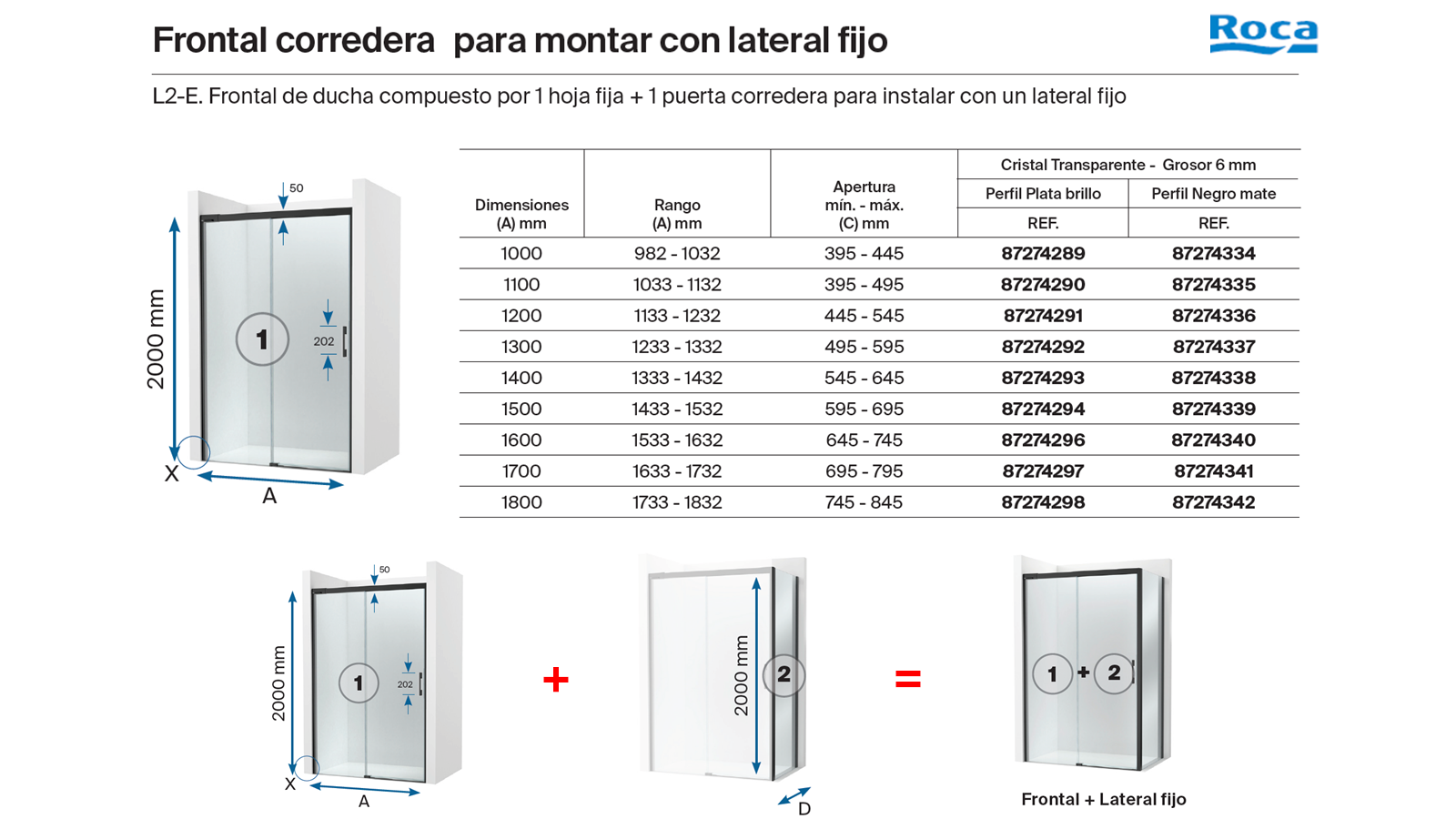 Panel lateral fijo para mampara de ducha frontal transparente Apolo perfil aluminio cromo 70x200 cm cristal templado de seguridad 6mm espesor Antical Roca - 5
