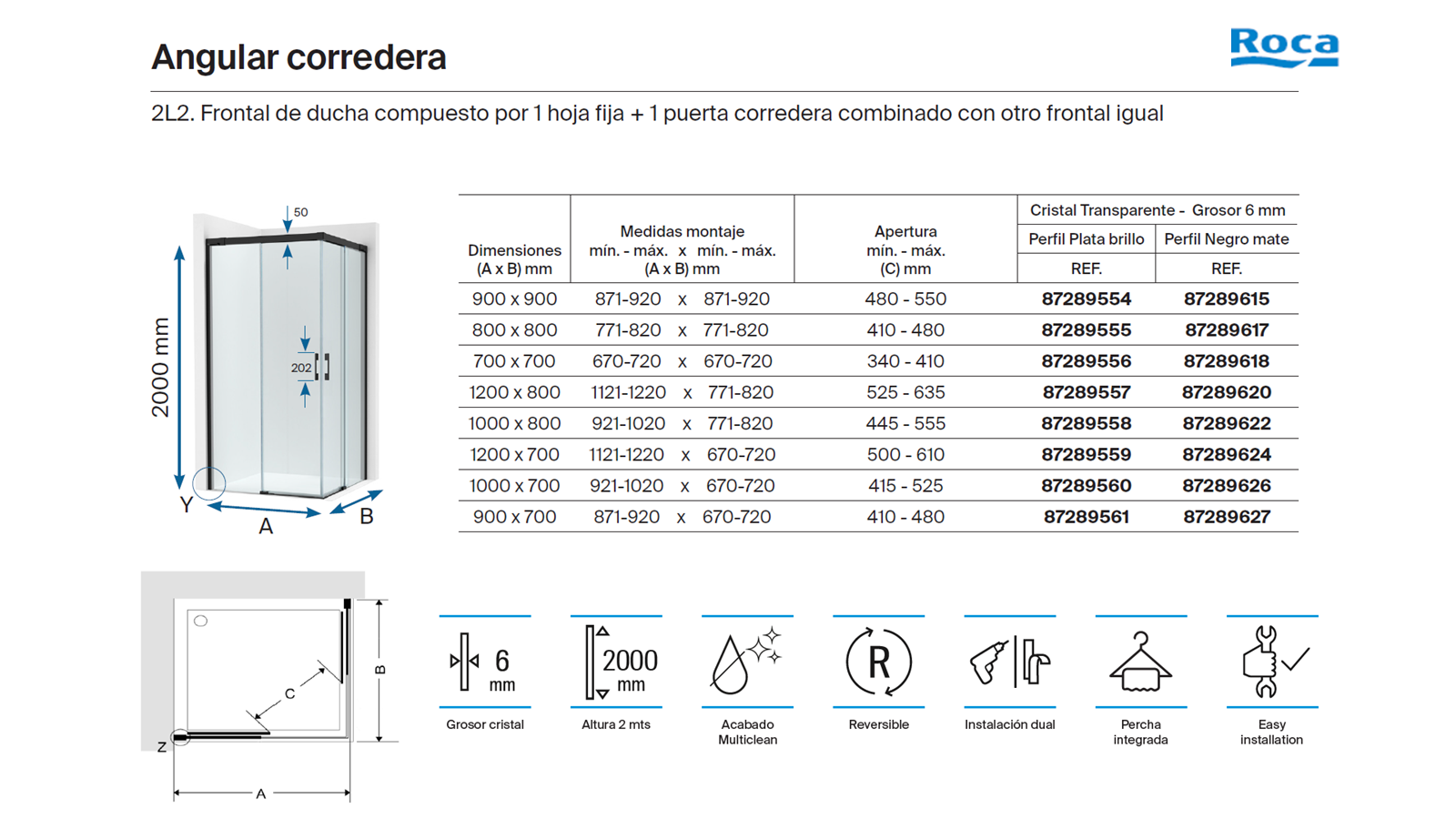 Mampara de ducha corredera transparente apolo perfil cromo (67-72)x(67-72)x200 cm 6 mm
