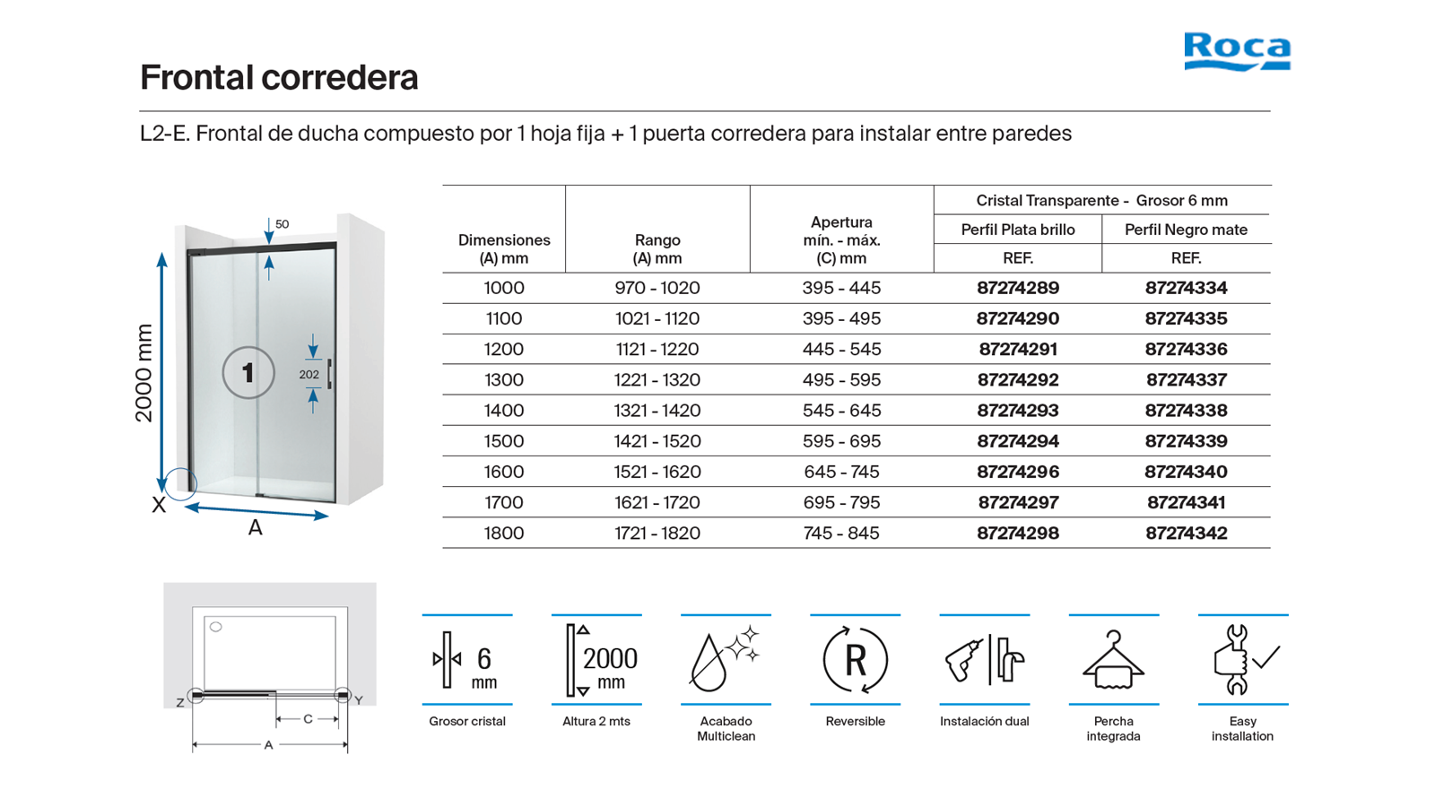Mampara de ducha frontal 1 fijo + 1 puerta corredera transparente apolo perfil aluminio cromo (102.1-112)x200 cm cristal 6mm cierre magnético sin guía inferior marca roca