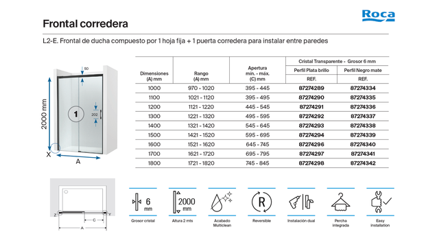 Mampara de ducha frontal 1 fijo + 1 puerta corredera transparente Apolo perfil aluminio cromo (162.1-172)x200 cm cristal 6mm cierre magnético sin guía inferior marca Roca