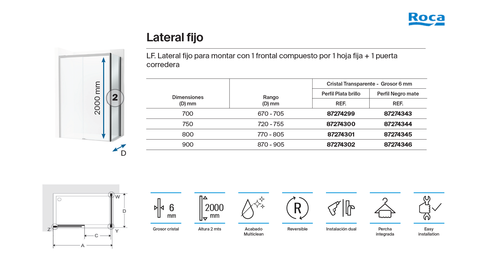 Panel lateral fijo para mampara de ducha frontal transparente Apolo perfil aluminio cromo 70x200 cm cristal templado de seguridad 6mm espesor Antical Roca - 3