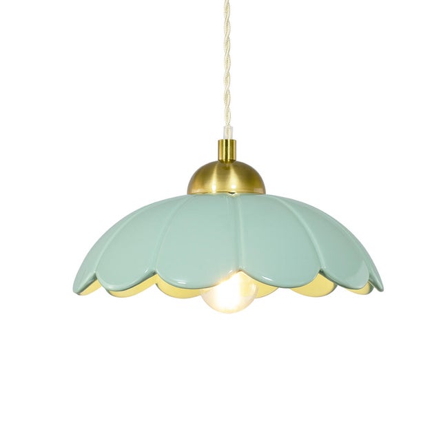 Suspension Luminaire Arterameferro – Laiton, Céramique Blanche Ondulée, Bord Vert, 30 Cm, Italie