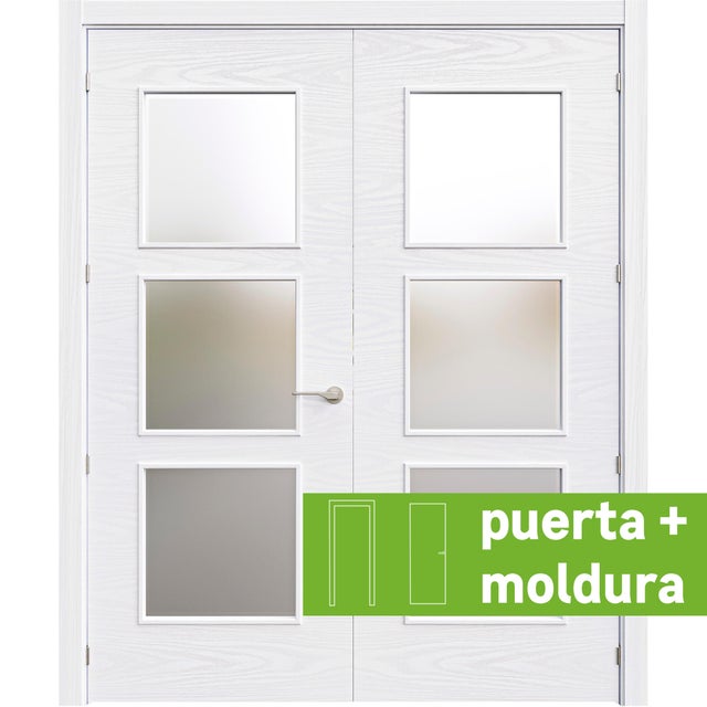 Pack puerta de interior abatible doble con cristal maciza lacada Line Plus Bari Lagos blanco veteado apertura izquierda cerco de 7x3 anchura 125cm + kit de tapetas