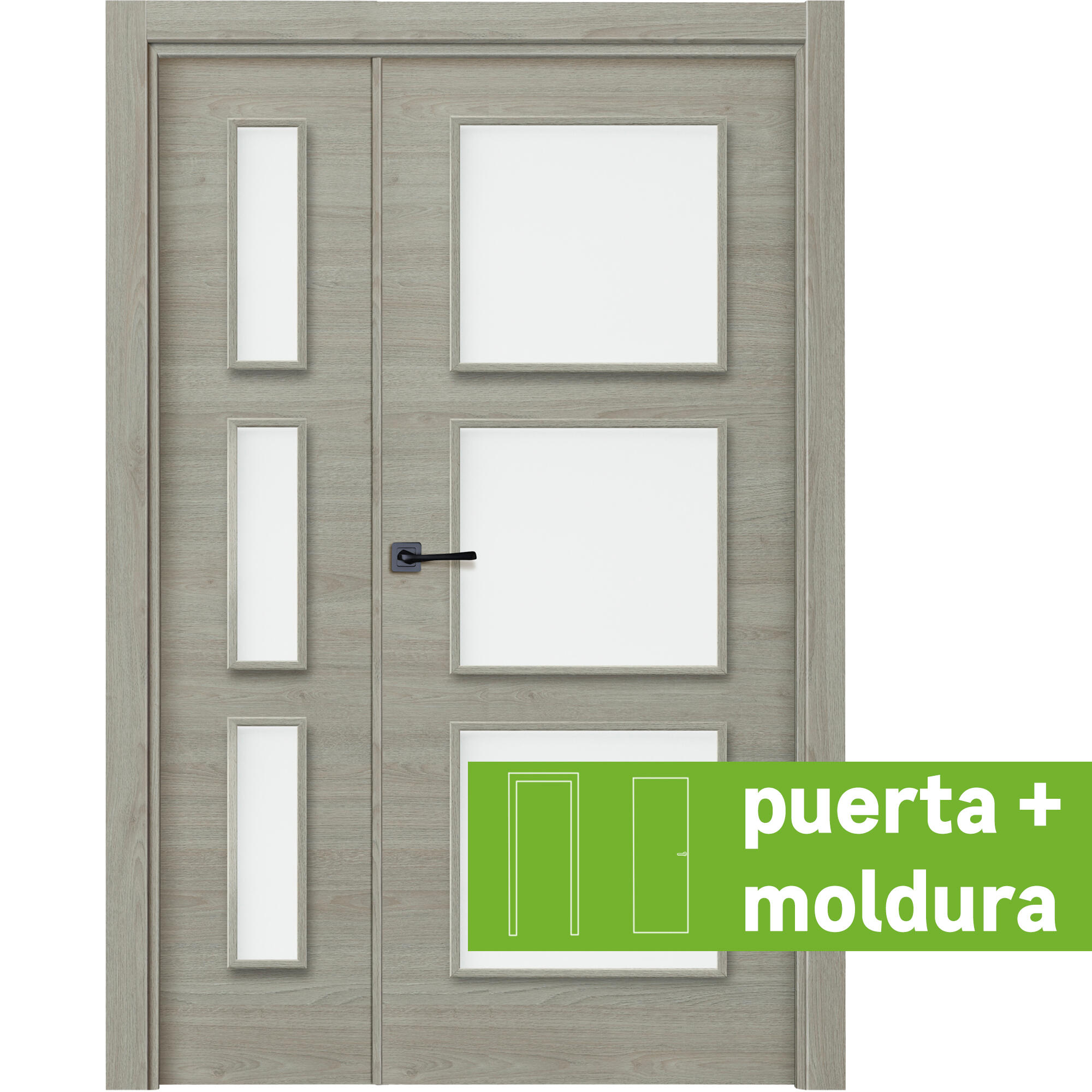 Pack puerta de interior abatible doble vidriera con fijo con cristal incluido maciza acabado laminado line plus oslo vila roble gris apertura derecha cerco de 7x3 anchura 125 cm + kit de tapetas