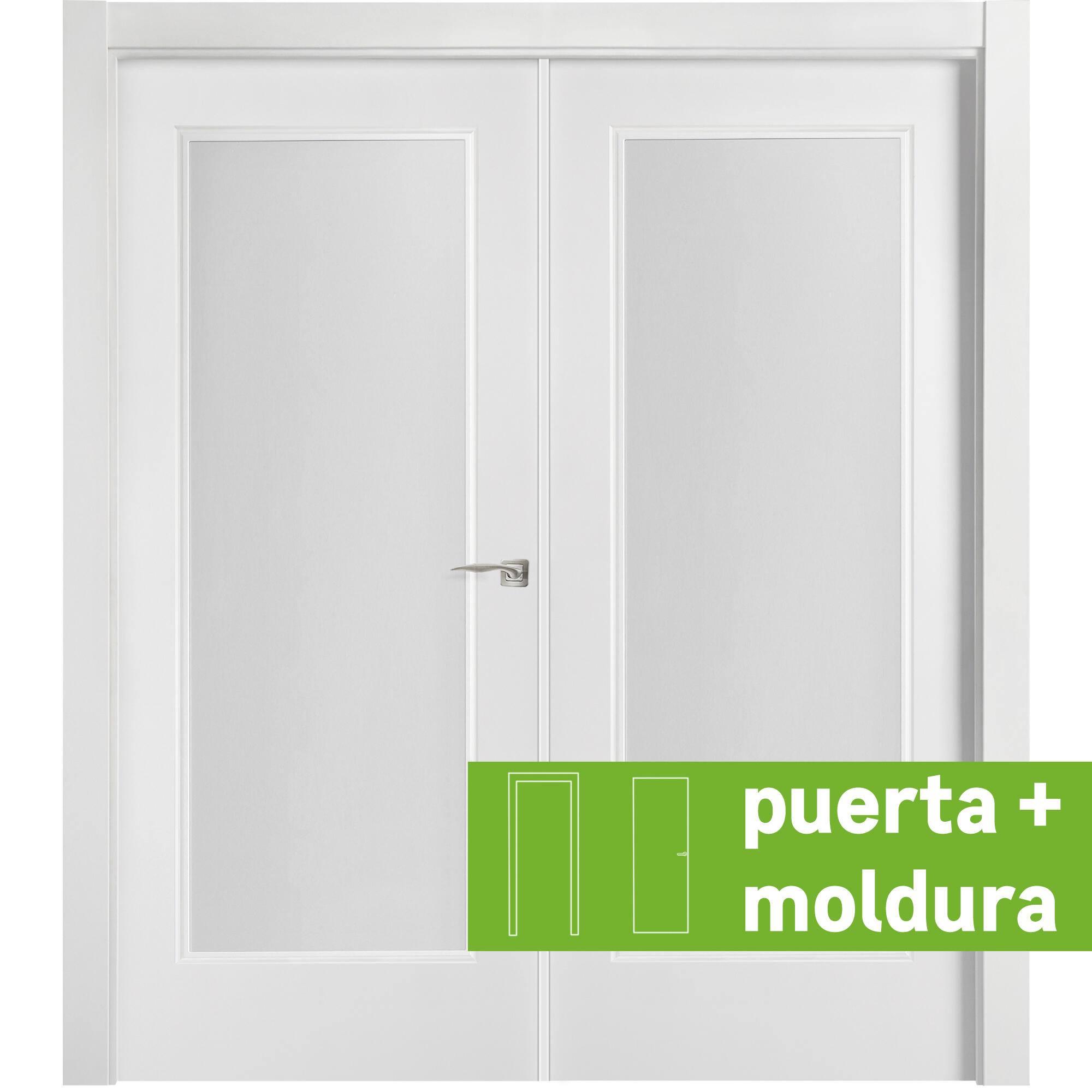 Pack puerta de interior abatible doble vidriera con cristal incluido estructura maciza acabado lacado serie line plus madison blanco apertura izquierda cerco de 70 x 30 anchura 145 cm + kit de tapetas