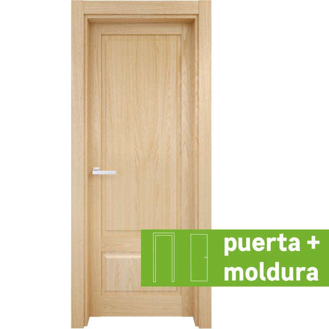Pack puerta de interior abatible ciega maciza melamina Line Plus Sofía roble apertura derecha cerco de 7x3 anchura 82.5cm + kit de tapetas