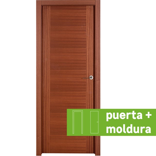 Pack puerta de interior abatible ciega maciza barnizada Line Plus Niza sapelly apertura izquierda cerco de 7x3 anchura 72.5cm + kit de tapetas