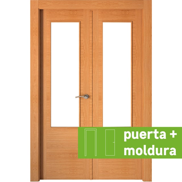 Pack puerta de interior abatible doble con cristal maciza barnizada Line Plus Niza roble apertura izquierda cerco de 7x3 anchura 125cm + kit de tapetas