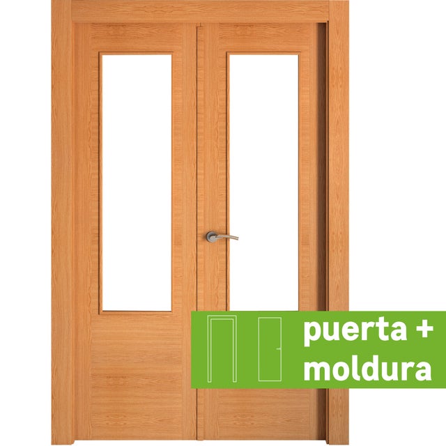 Pack puerta de interior abatible doble con cristal maciza barnizada Line Plus Niza roble apertura derecha cerco de 7x3 anchura 125cm + kit de tapetas