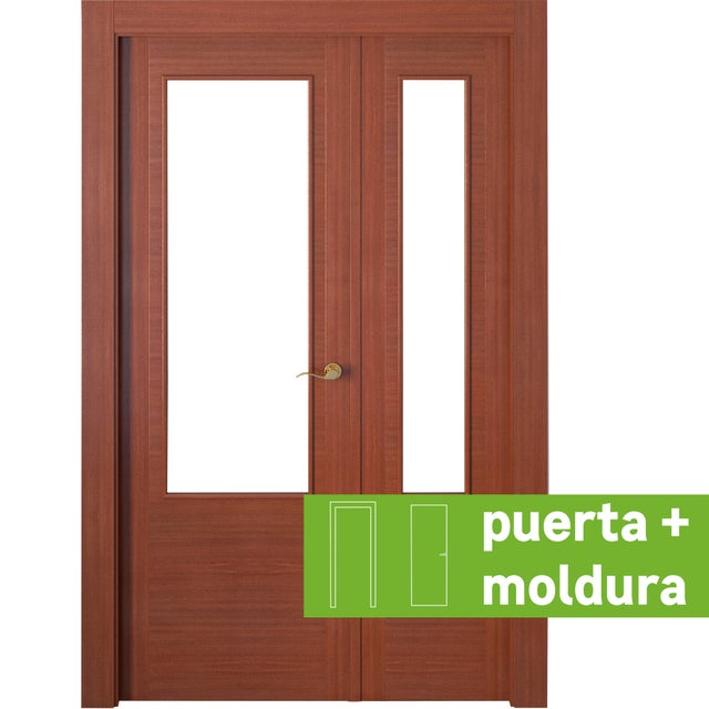 Pack puerta de interior abatible doble con cristal maciza barnizada Line Plus Niza sapelly apertura izquierda cerco de 7x3 anchura 125cm + kit de tapetas