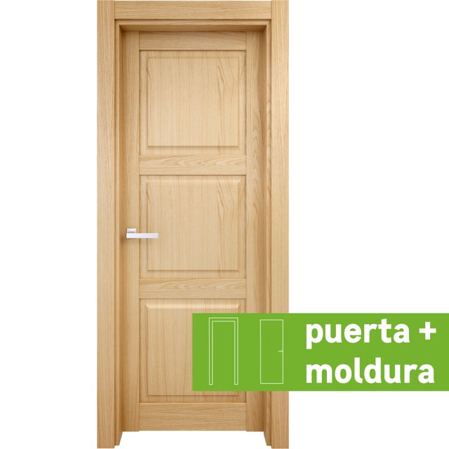 Pack puerta de interior abatible ciega maciza melamina Line Plus Moscú roble apertura derecha cerco de 7x3 anchura 62.5cm + kit de tapetas