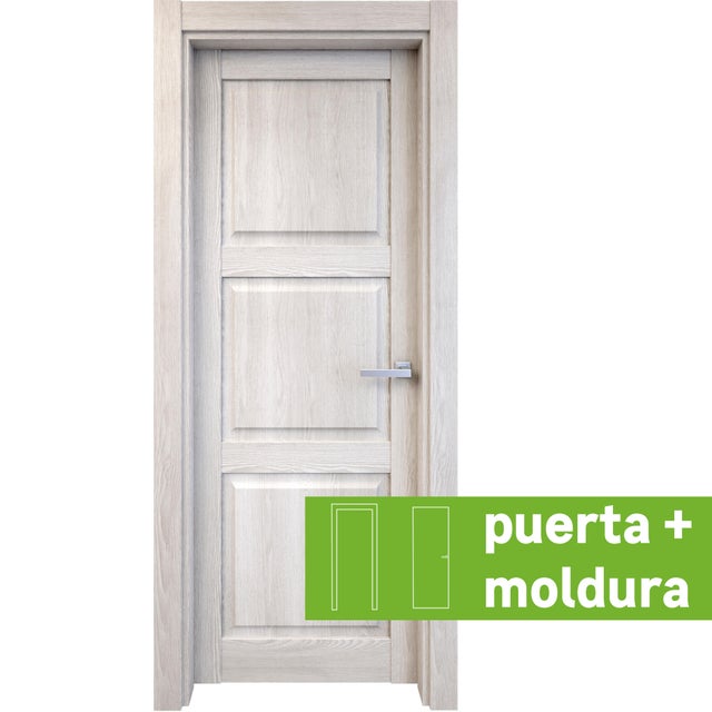 Pack puerta de interior abatible ciega maciza melamina Line Plus Moscú blanco apertura izquierda cerco de 7x3 anchura 62.5cm + kit de tapetas