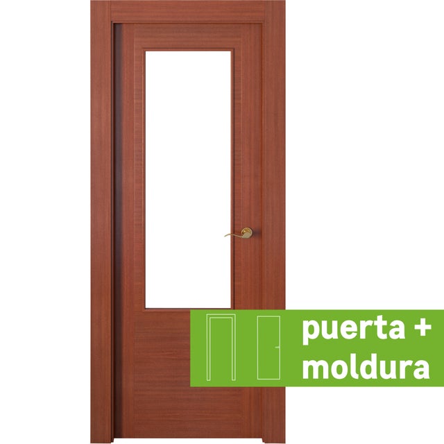 Pack Puerta de interior abatible con cristal maciza barnizada Line Plus Niza sapelly apertura izquierda cerco de 7x3 anchura 82.5cm + kit de tapetas