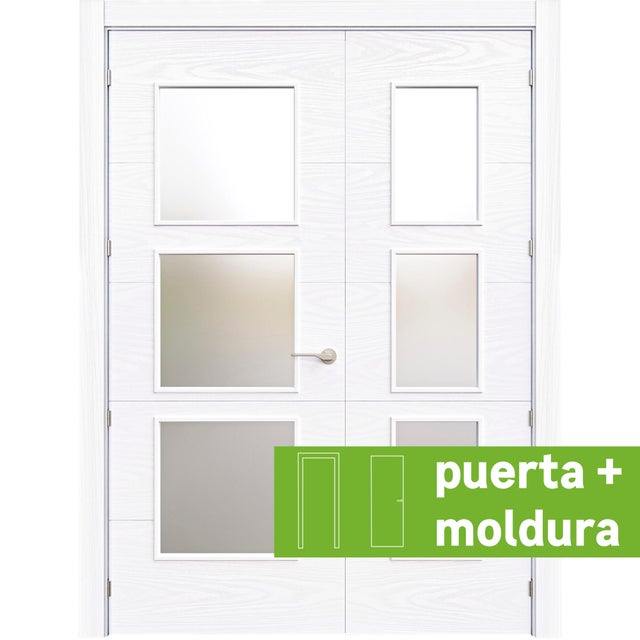 Pack puerta de interior abatible con fijo cristal maciza vinilo Line Plus Lucerna Lagos blanco veteado apertura izquierda cerco de 7x3 anchura 105cm + kit de tapetas