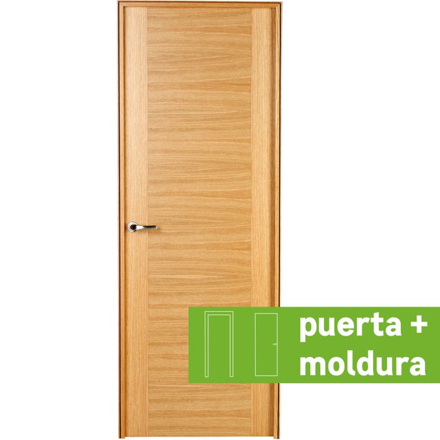 Pack puerta de interior abatible ciega maciza barnizada Line Plus Niza roble apertura derecha cerco de 7x3 anchura 62.5cm + kit de tapetas