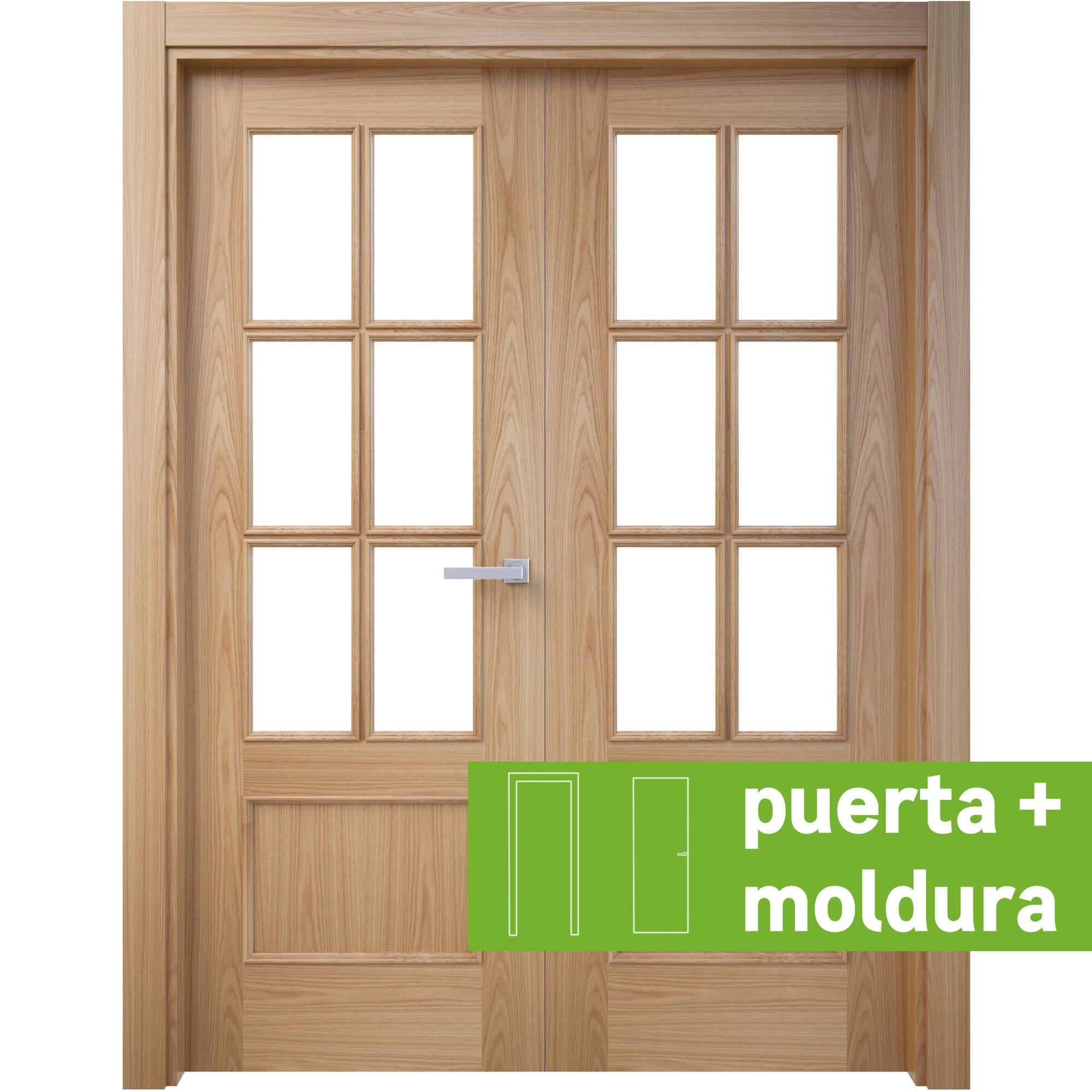Pack puerta de interior abatible doble vidriera con cristal incluido maciza acabado barnizado line plus atenas roble apertura izquierda cerco de 7x3 anchura 145 cm + kit de tapetas