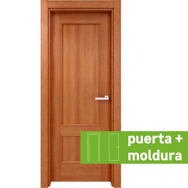 Pack puerta de interior abatible ciega maciza barnizada Line Plus Atenas sapelly apertura izquierda cerco de 7x3 anchura 72.5cm + kit de tapetas