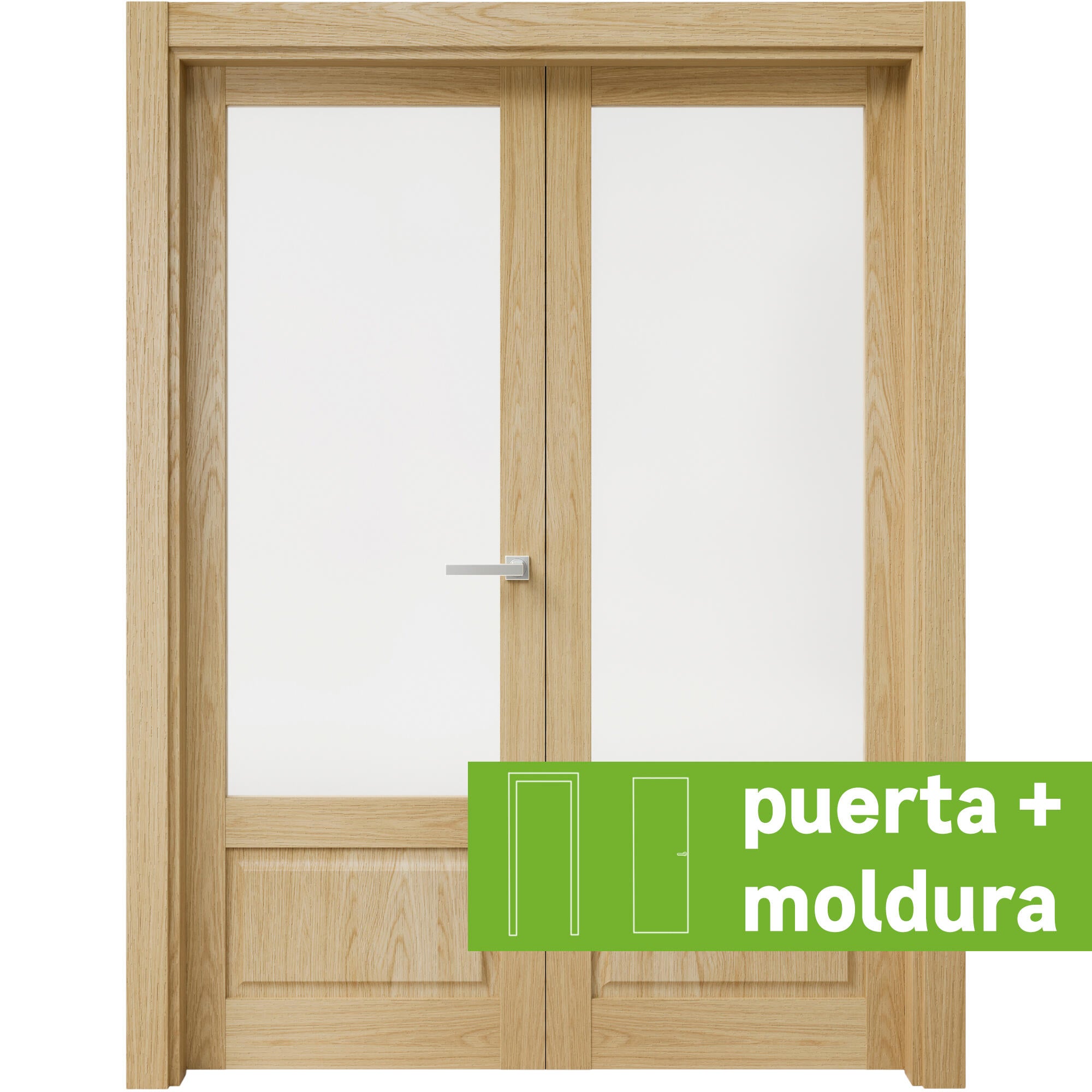 Pack puerta de interior abatible doble vidriera con cristal incluido maciza acabado laminado line plus sofía roble apertura izquierda cerco de 7x3 anchura 165 cm + kit de tapetas