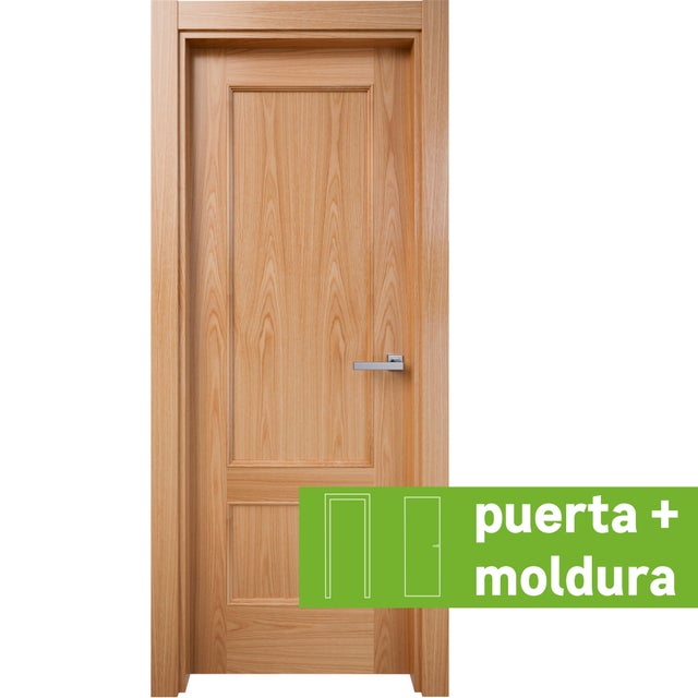 Pack puerta de interior abatible ciega maciza barnizada Line Plus Atenas roble apertura izquierda cerco de 7x3 anchura 72.5cm + kit de tapetas