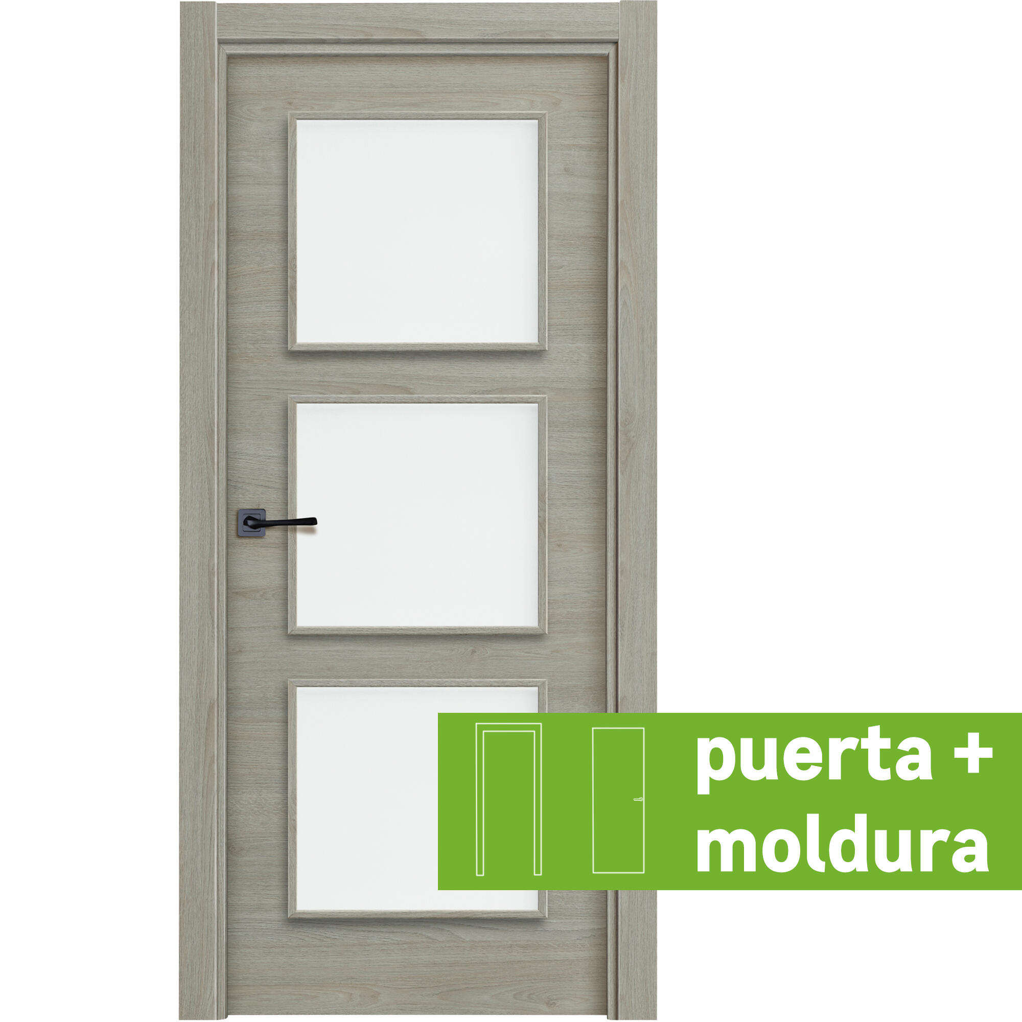 Pack puerta de interior abatible doble vidriera con fijo con cristal incluido estructura maciza acabado laminado serie line plus oslo vila roble gris apertura derecha cerco de 70 x 30 anchura 115 cm + kit de tapetas