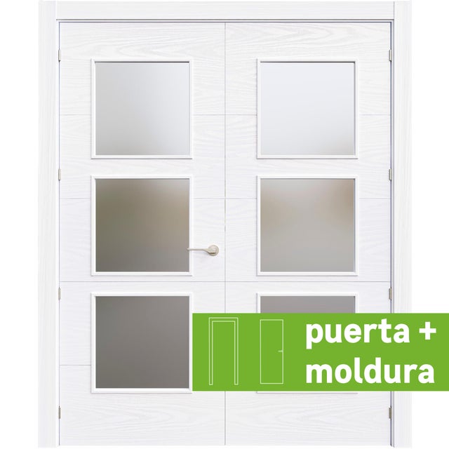 Pack puerta de interior abatible doble con cristal maciza lacada Line Plus Lucerna Lagos blanco veteado apertura izquierda cerco de 7x3 anchura 125cm + kit de tapetas