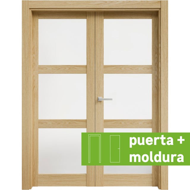 Pack puerta de interior abatible con fijo cristal maciza melamina Line Plus Moscú roble apertura derecha cerco de 7x3 anchura 115cm + kit de tapetas