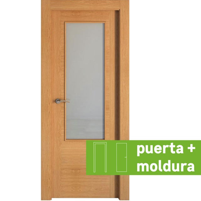 Pack Puerta de interior abatible con cristal maciza barnizada Line Plus Niza roble apertura derecha cerco de 7x3 anchura 62.5cm + kit de tapetas