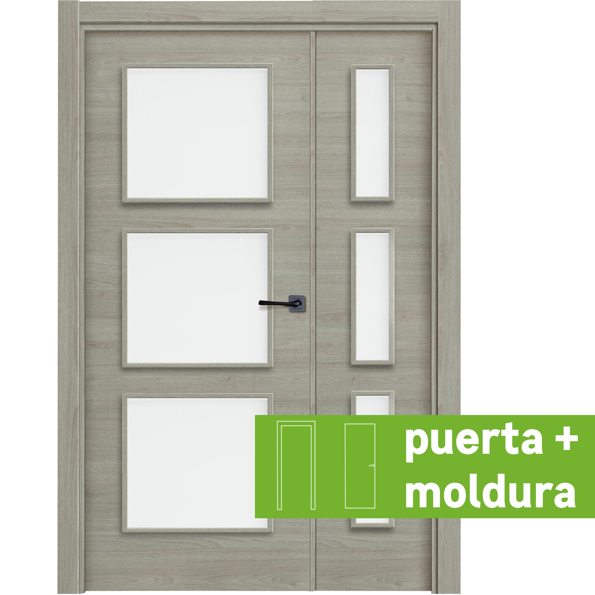 Pack puerta de interior abatible doble vidriera con fijo con cristal incluido estructura maciza acabado laminado serie line plus oslo vila roble gris apertura izquierda cerco de 70 x 30 anchura 125 cm + kit de tapetas