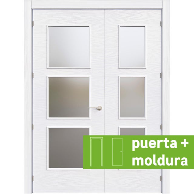 Pack puerta de interior abatible con fijo cristal maciza lacada Line Plus Bari Lagos blanco veteado apertura izquierda cerco de 7x3 anchura 125cm + kit de tapetas