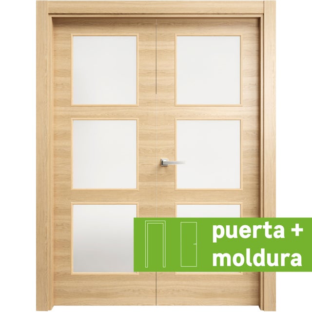 Pack puerta de interior abatible con fijo cristal maciza melamina Line Oslo roble miel apertura derecha cerco de 7x3 anchura 115cm + kit de tapetas