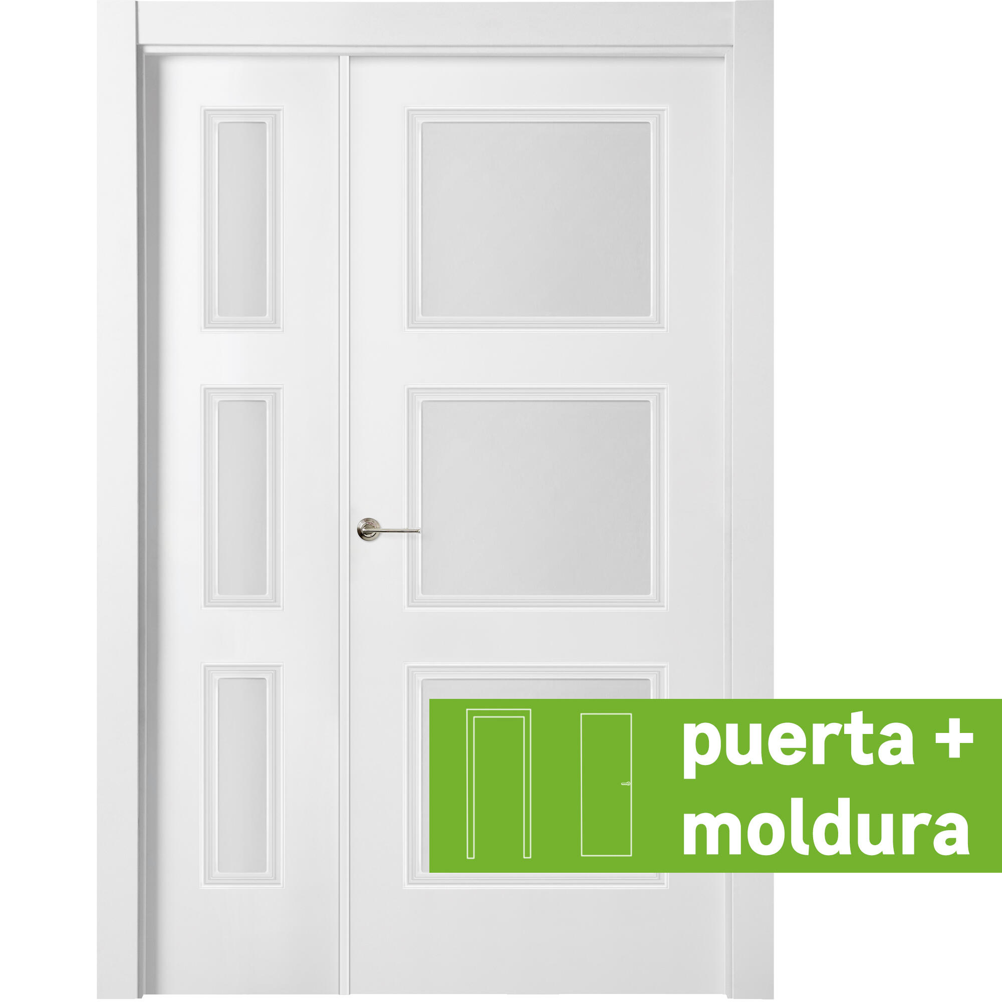 Pack puerta de interior abatible doble vidriera con fijo con cristal incluido estructura maciza acabado lacado serie line plus mónaco blanco apertura derecha cerco de 70 x 30 anchura 105 cm + kit de tapetas