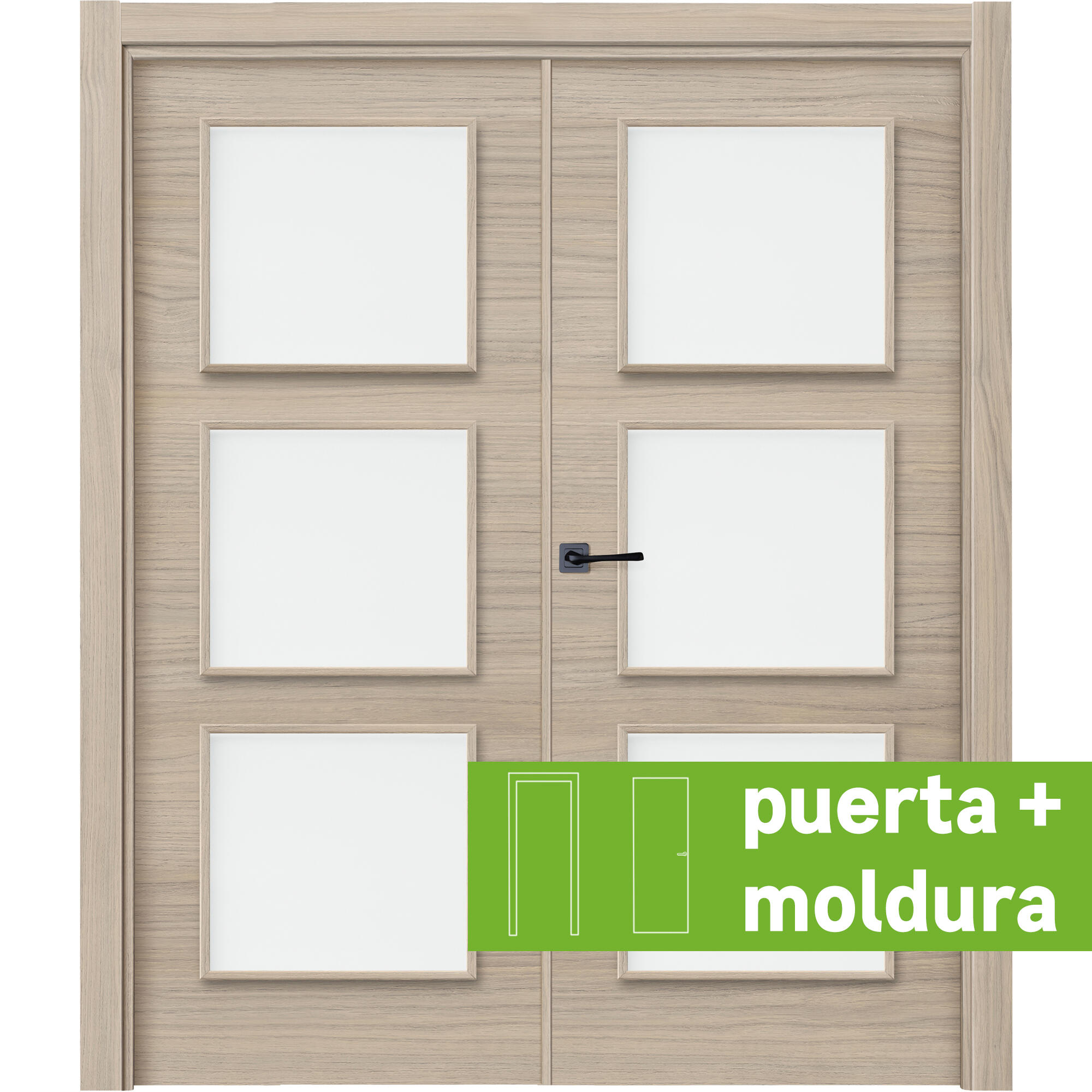 Pack puerta de interior abatible doble vidriera con cristal incluido estructura maciza acabado laminado serie line oslo loft roble apertura derecha cerco de 70 x 30 anchura 145 cm + kit de tapetas