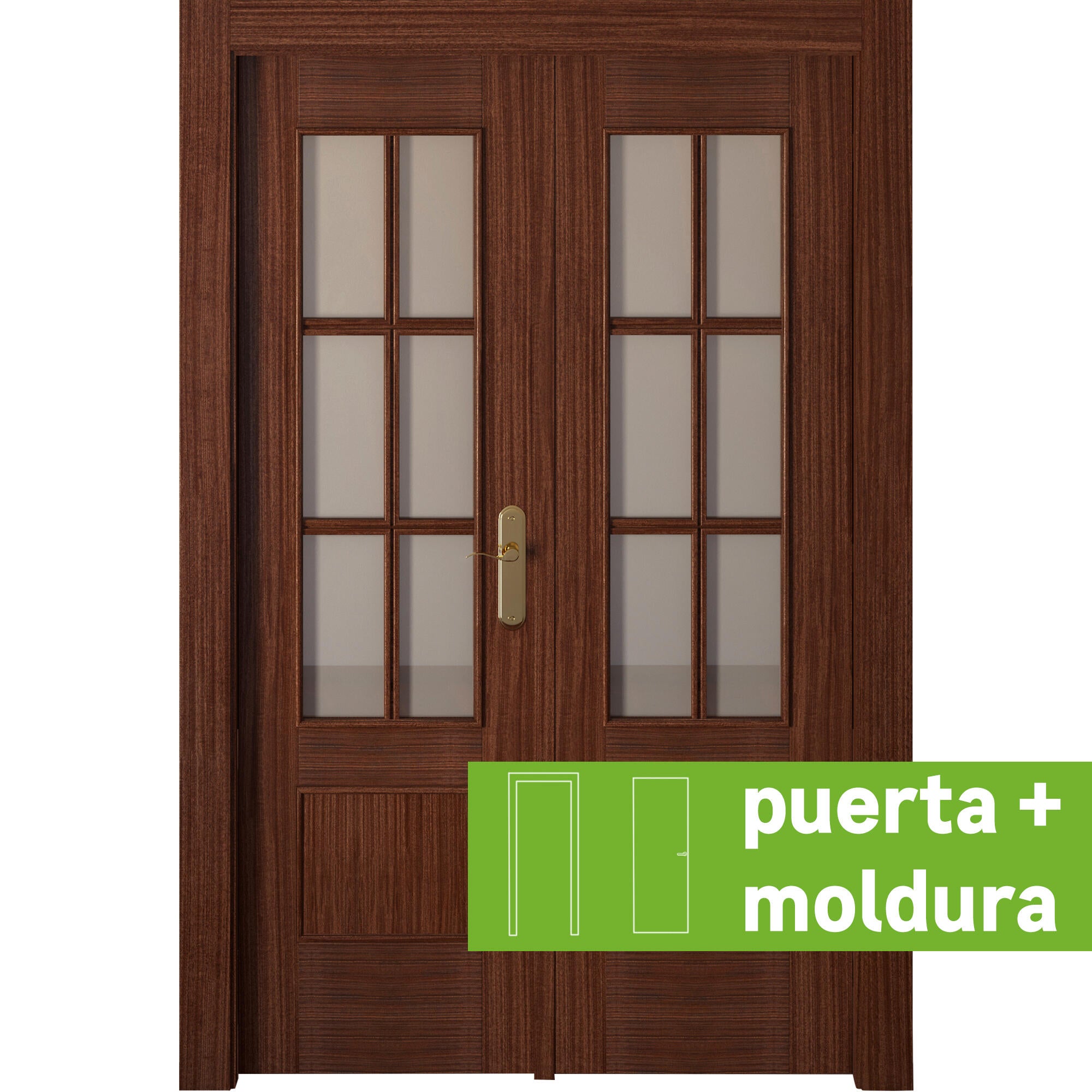 Pack puerta de interior abatible doble vidriera con cristal incluido maciza acabado barnizado line plus atenas sapelly apertura izquierda cerco de 7x3 anchura 145 cm + kit de tapetas