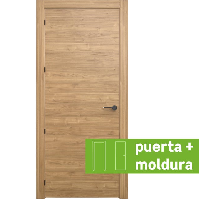 Pack puerta de interior abatible ciega maciza melamina Line Plus Oslo Slow nogal apertura izquierda cerco de 7x3 anchura 62.5cm + kit de tapetas