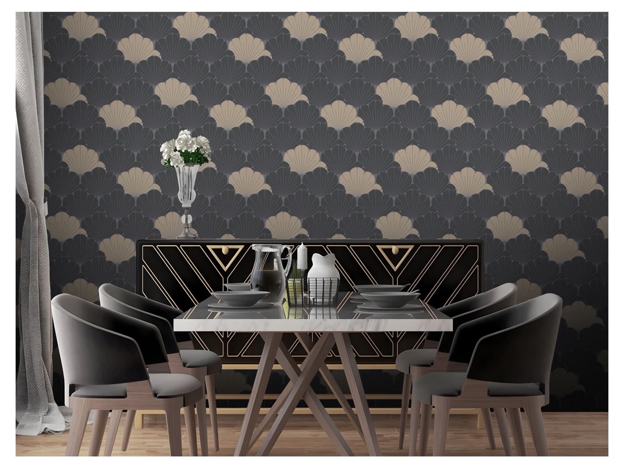 Papel pintado vinilo aplicación cola en pared geométrico conchas 8316 negro ugepa 53cmx10m lavable