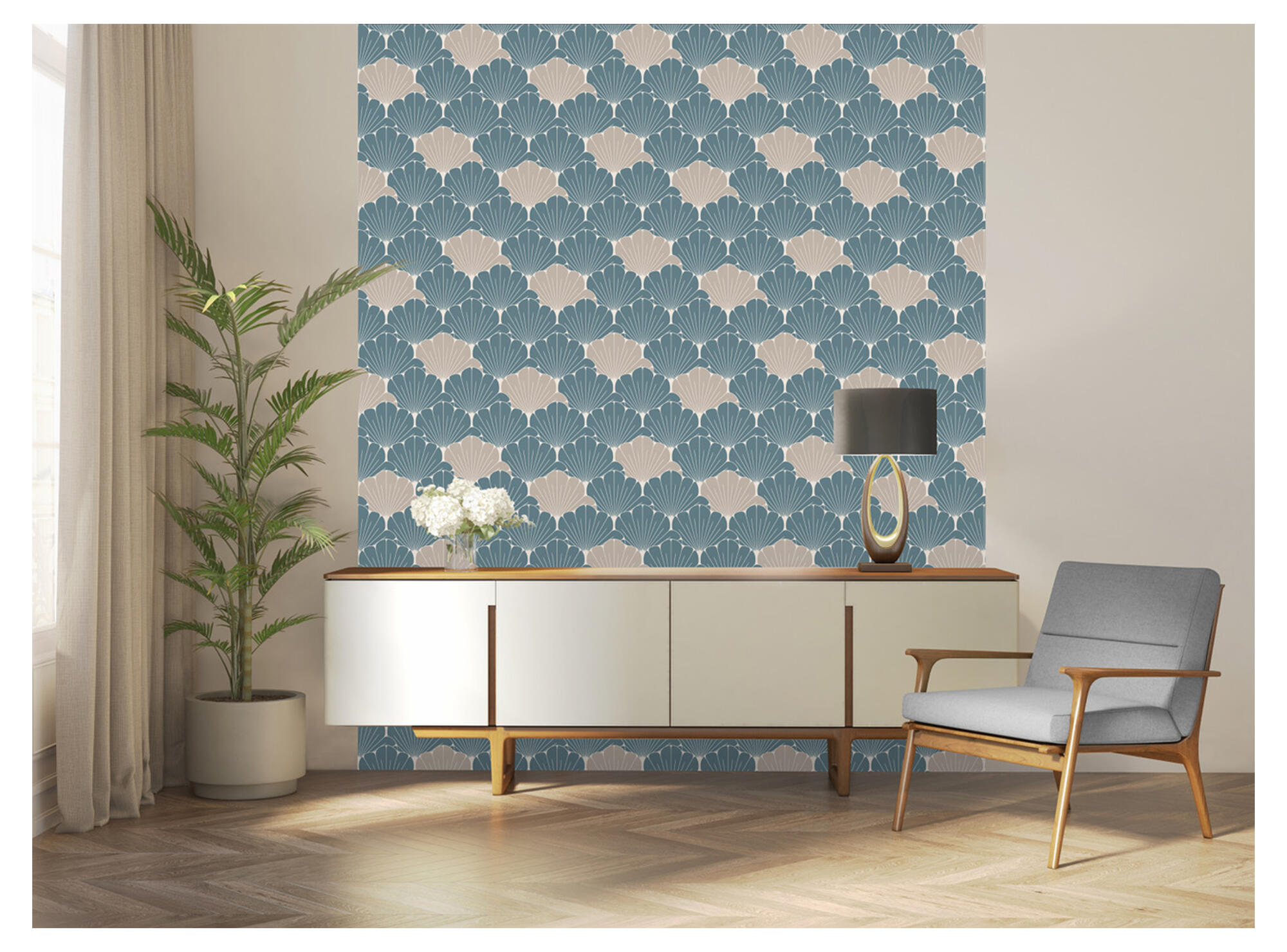 Papel pintado vinilo aplicación cola en pared geométrico conchas 8317 verde ugepa 53cmx10m lavable