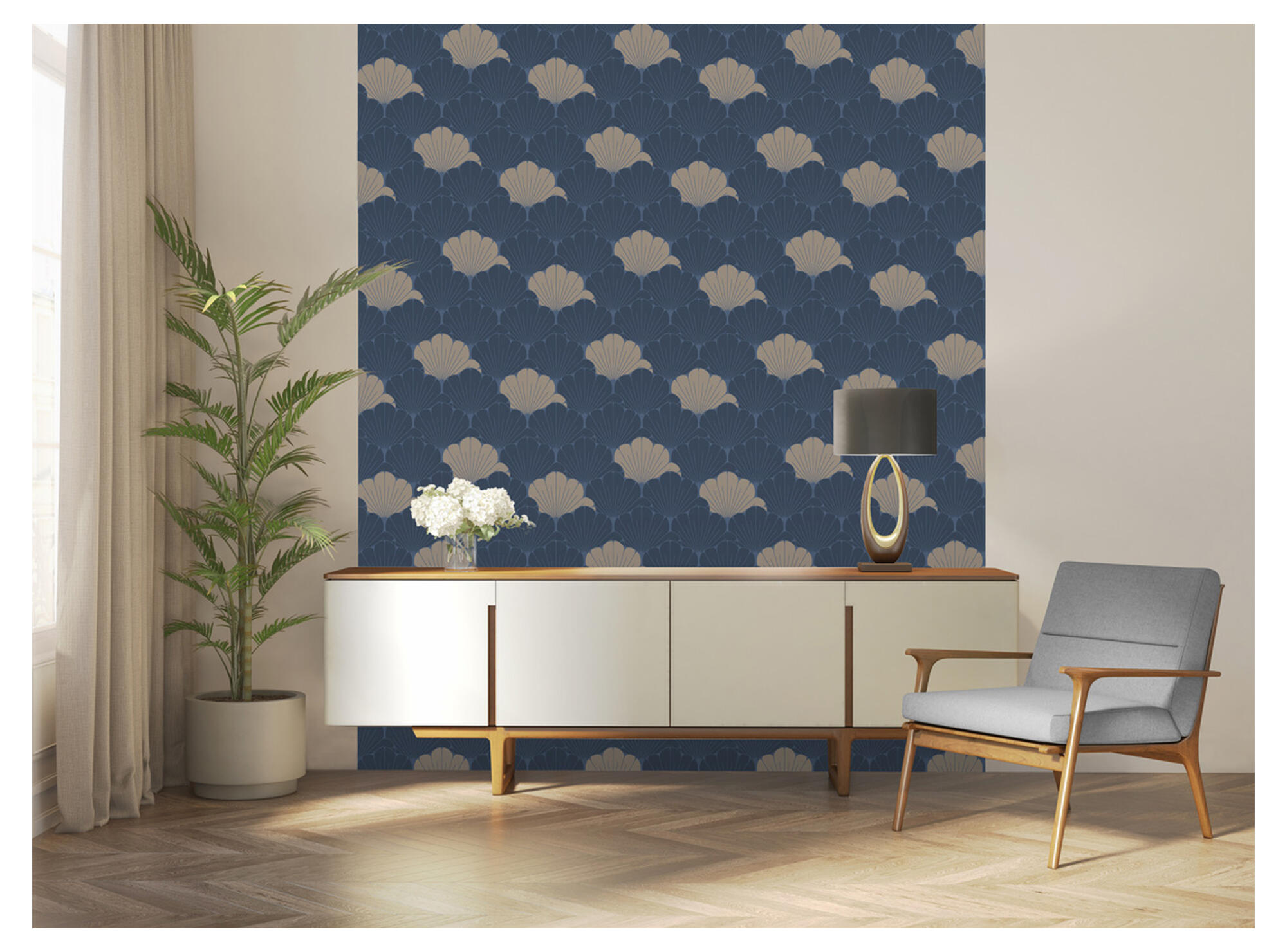 Papel pintado vinilo aplicación cola en pared geométrico conchas 8318 azul ugepa 53cmx10m lavable