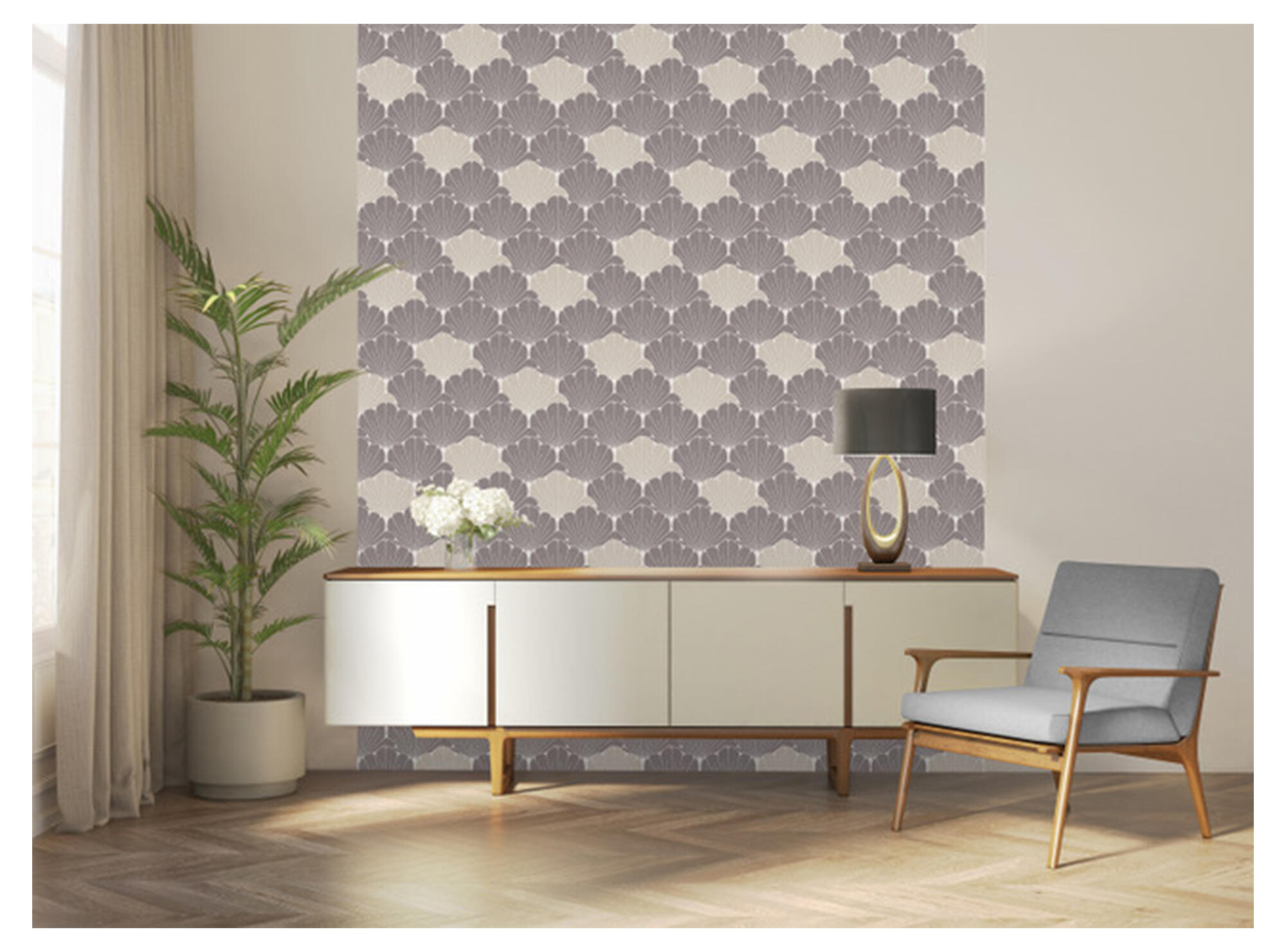 Papel pintado vinilo aplicación cola en pared geométrico conchas 8319 gris ugepa 53cmx10m lavable