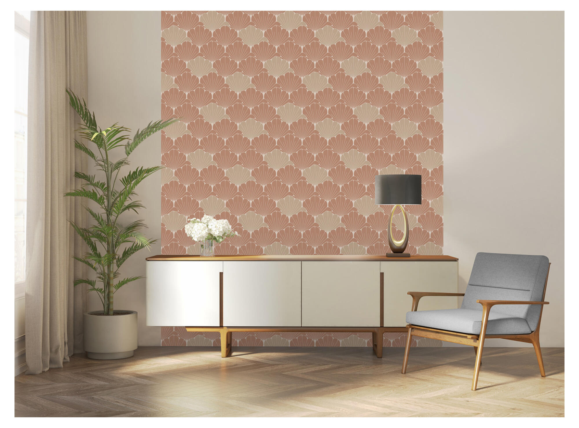 Papel pintado vinilo aplicación cola en pared geométrico conchas 8315 naranja ugepa 53cmx10m lavable