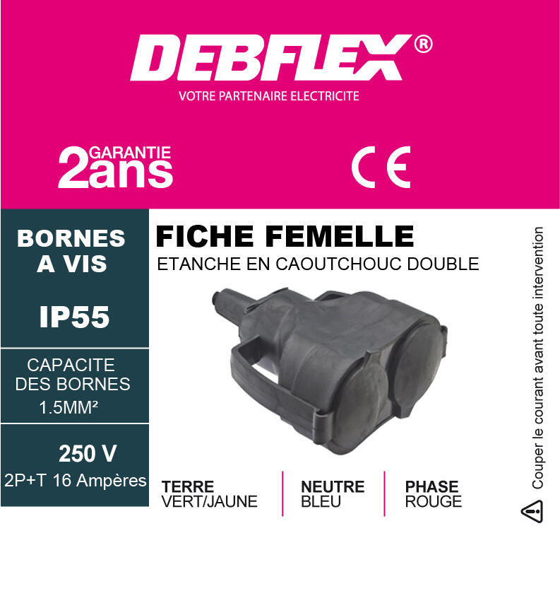 Fiche double 2P+T femelle 16A - DEBFLEX  - 2