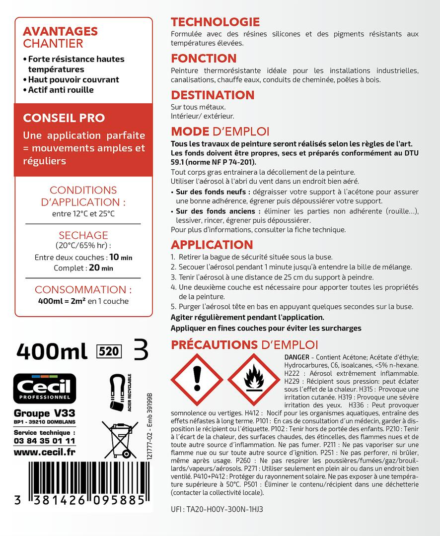 Peinture aérosol haute température tous métaux noir 400 ml - CECIL PRO - 3