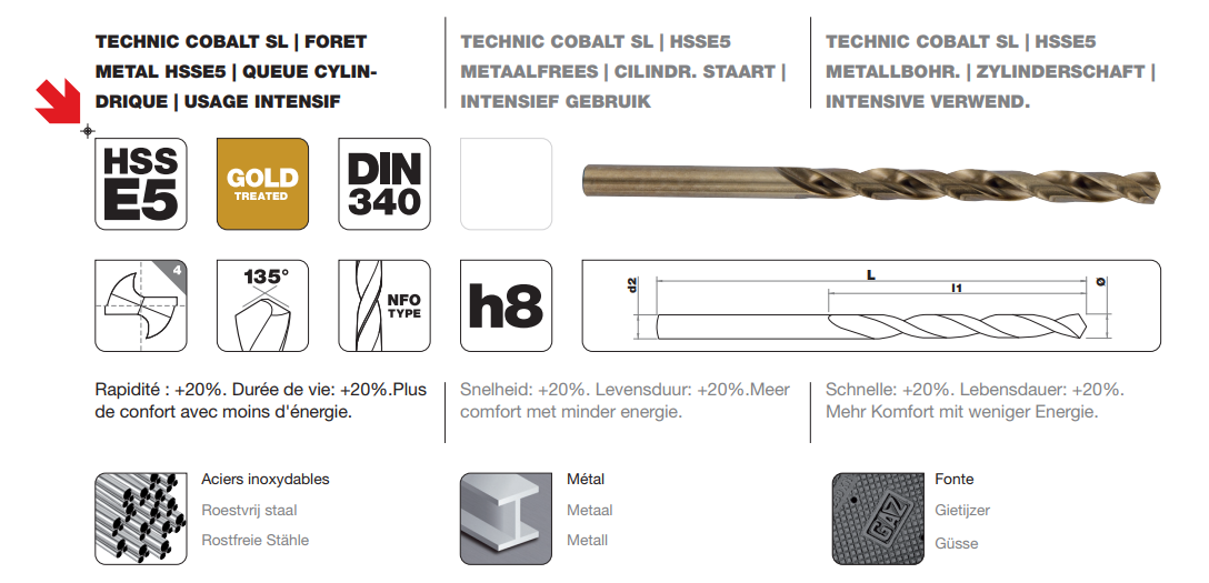 Foret métal HSS Cobalt 5% Diam.4 mm L.119 mm - TIVOLY - 5