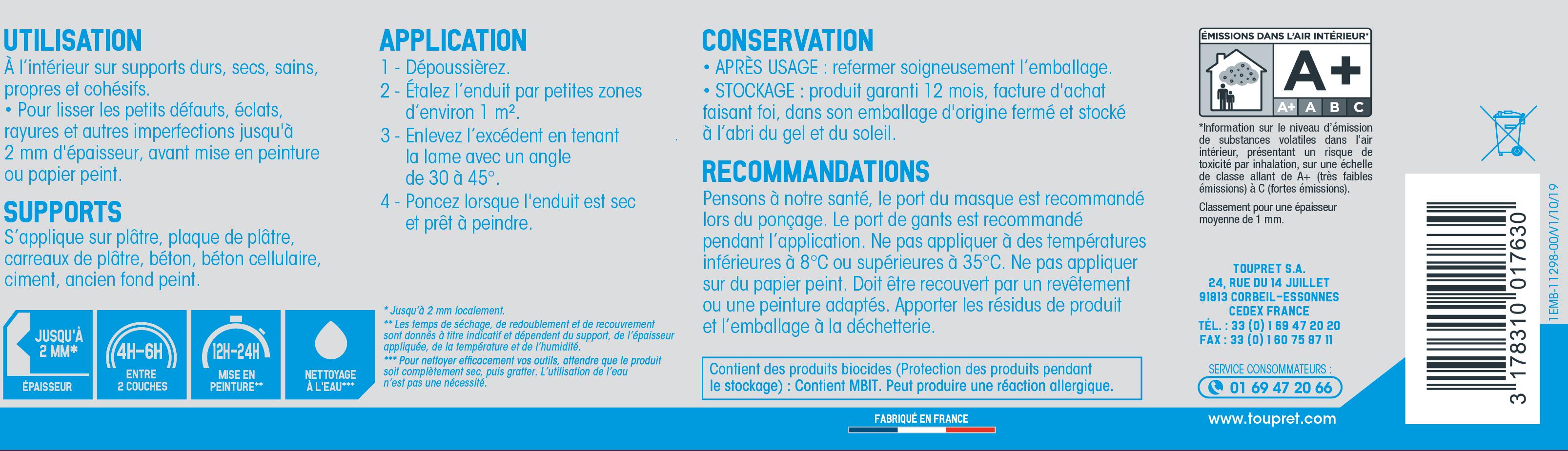 Enduit de lissage en pâte intérieur 4 kg - TOUPRET - 4