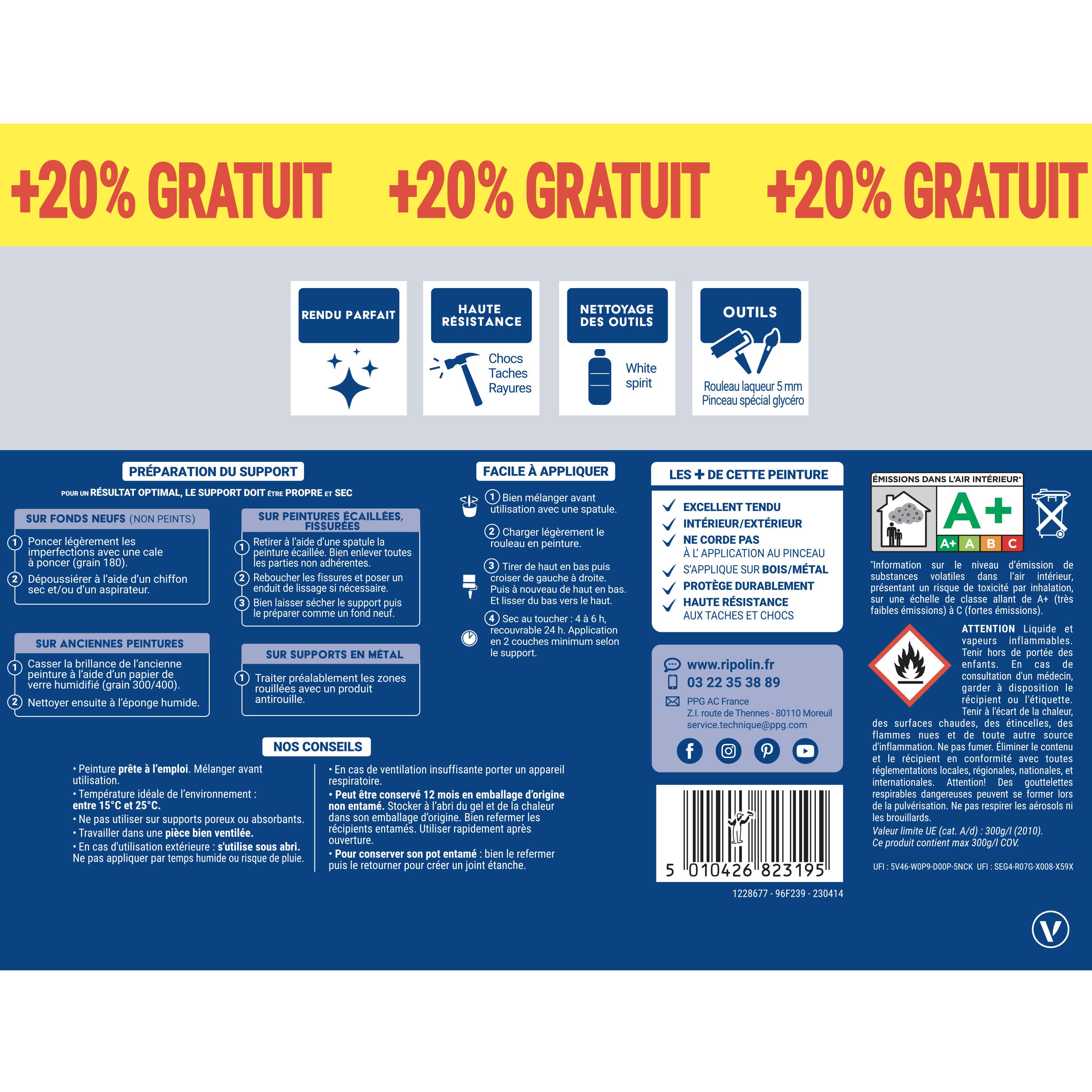 Peinture intérieure et extérieure multi-supports glycéro satin blanc 2 L +20% - RIPOLIN - 5